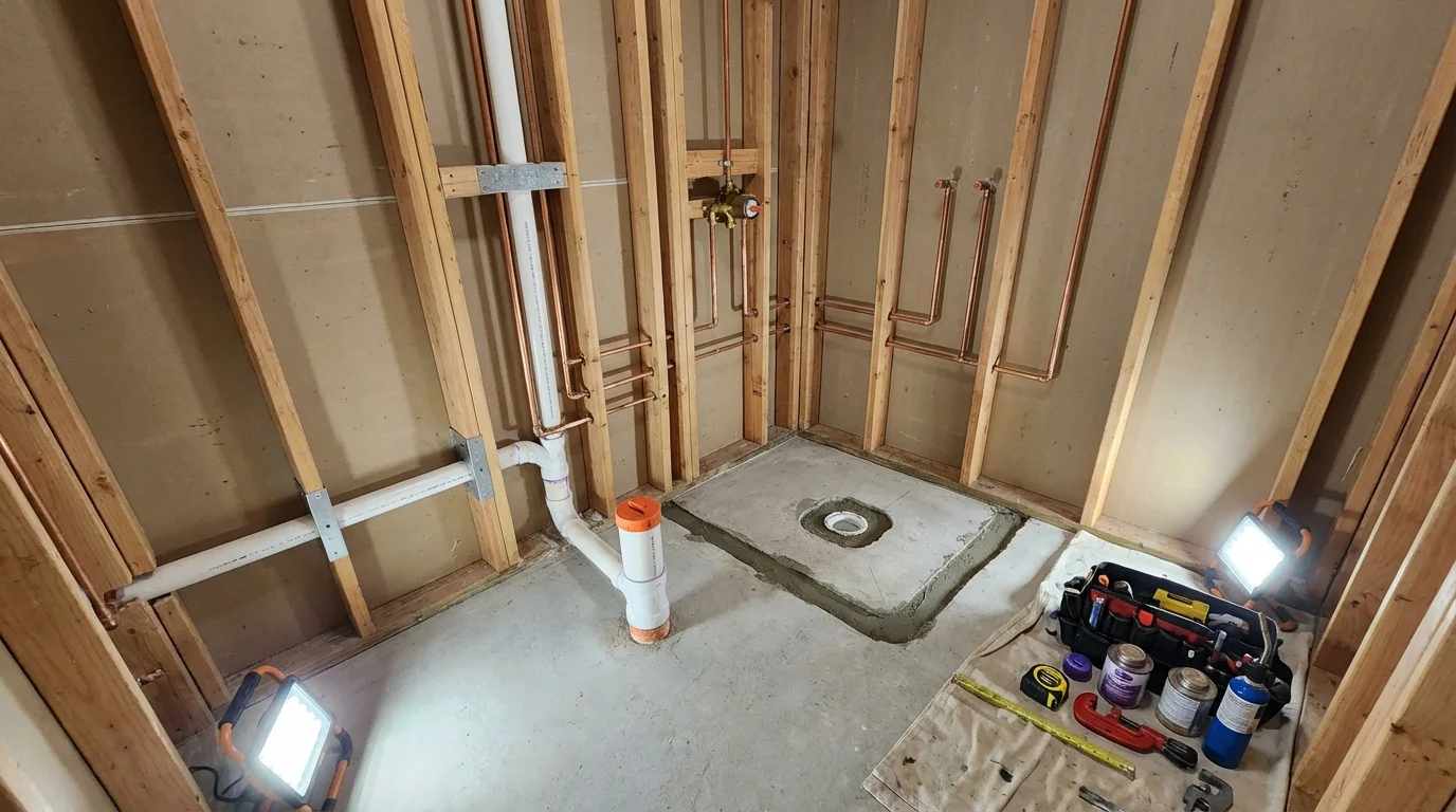 Bathroom rough-in plumbing during remodel by Johns Plumbing LLC in Four Oaks