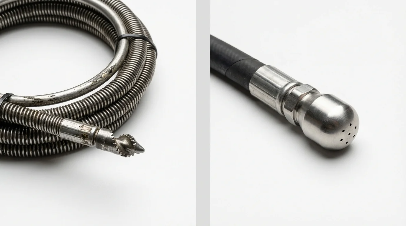 Drain snake cable and hydro jetting nozzle used for drain cleaning in Four Oaks, NC