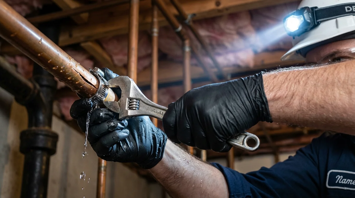 Emergency pipe clamp repair being performed by a Johns Plumbing LLC plumber in Four Oaks