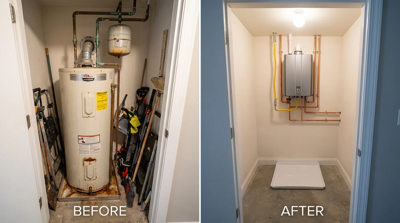 Tank water heater versus wall-mounted tankless unit comparison for Four Oaks, NC homeowners