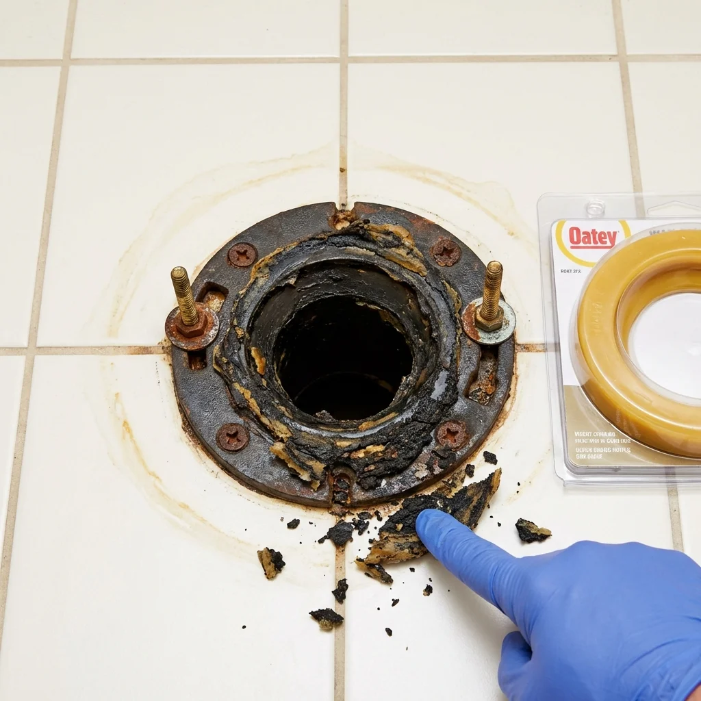 Failed wax ring showing water seepage at the base of a toilet in a Four Oaks, NC home