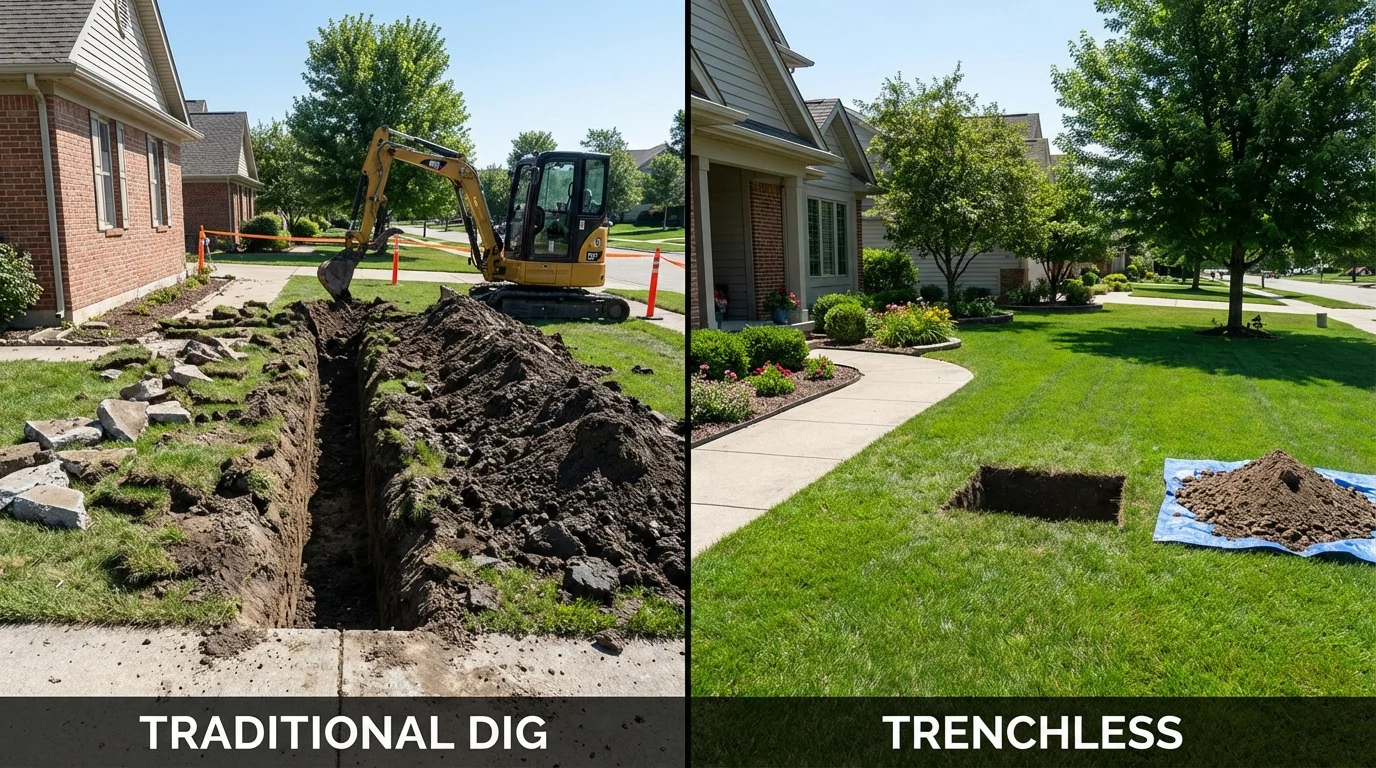 Trenchless sewer repair with minimal yard damage versus traditional excavation in Four Oaks, NC